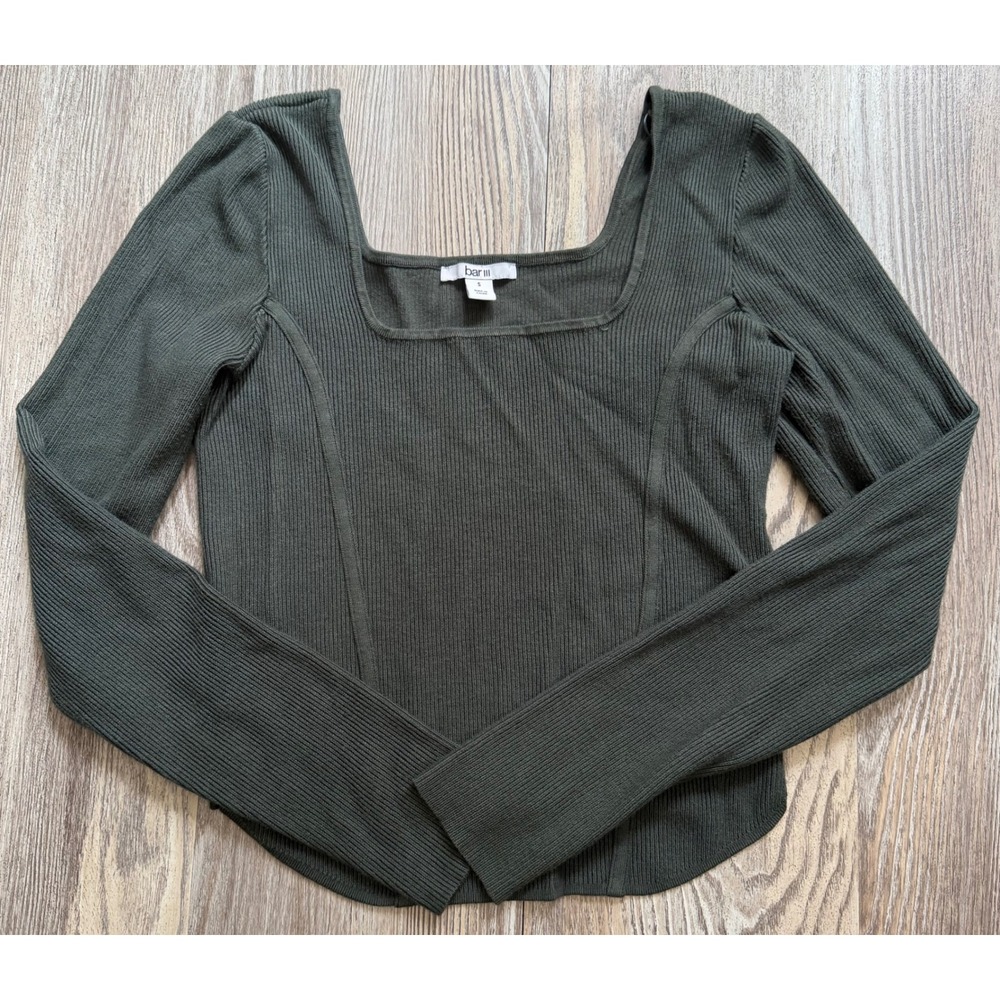 Bar III Women Dark Olive Green Ribbed Square Neck Long Sleeve Corset Seam Top S